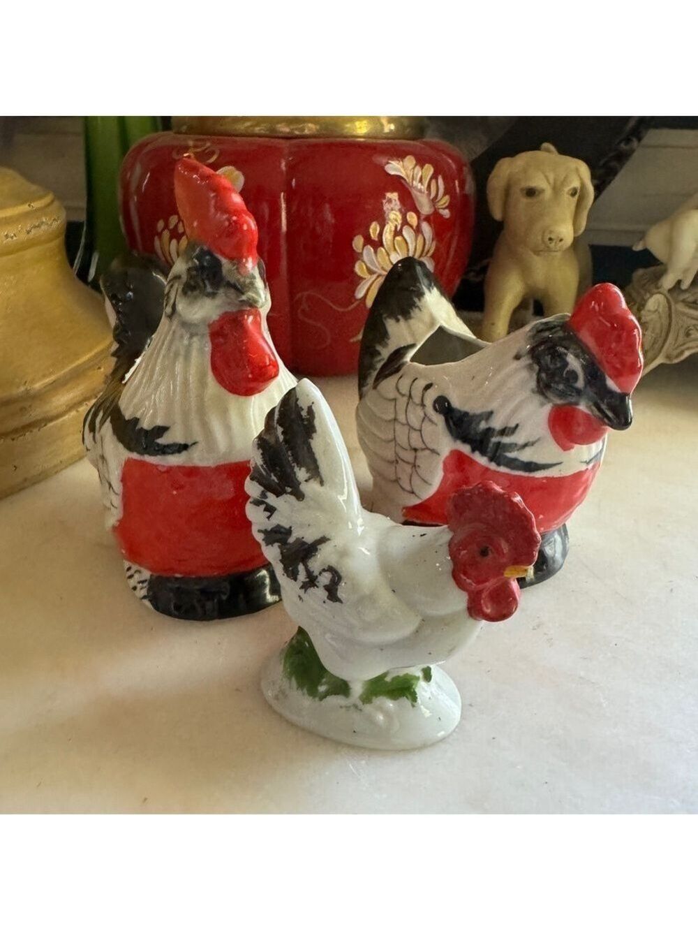 Vintage Rooster and Chicken Planters w/1 Small Chicken Figurine